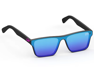 Stylish Square Sunglasses With Black Frame Blue Lenses And Pink Logo 3d model