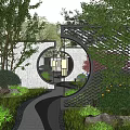 Traditional Courtyard Garden With Circular Lattice Gates Hanging Lanterns And Stone Path