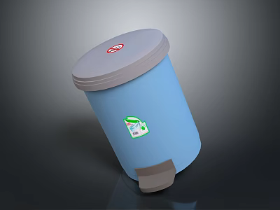 Blue Pedal Trash Can With Gray Lid Red Circular And Green White Stickers 3d model