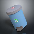 Blue Pedal Trash Can With Gray Lid Red Circular And Green White Stickers