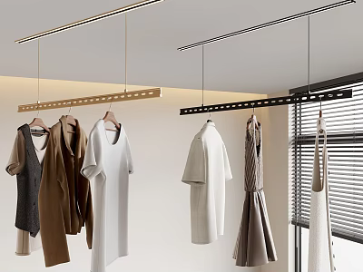 Ceiling Hanging Clothes Racks Holding Various Garments In Modern Room With Blinds 3d model