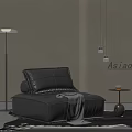 Black Leather Single Seater Sofa With Floor Lamp Side Table Dark Rug And Neutral Wall