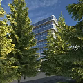 Contemporary Office Building Exterior Featuring Glass Curtain Wall And Green Landscaping With Surrounding Trees