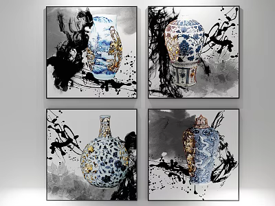 Four Vase Paintings With Colorful Decorations And Black White Background Ink Splashes 3d model