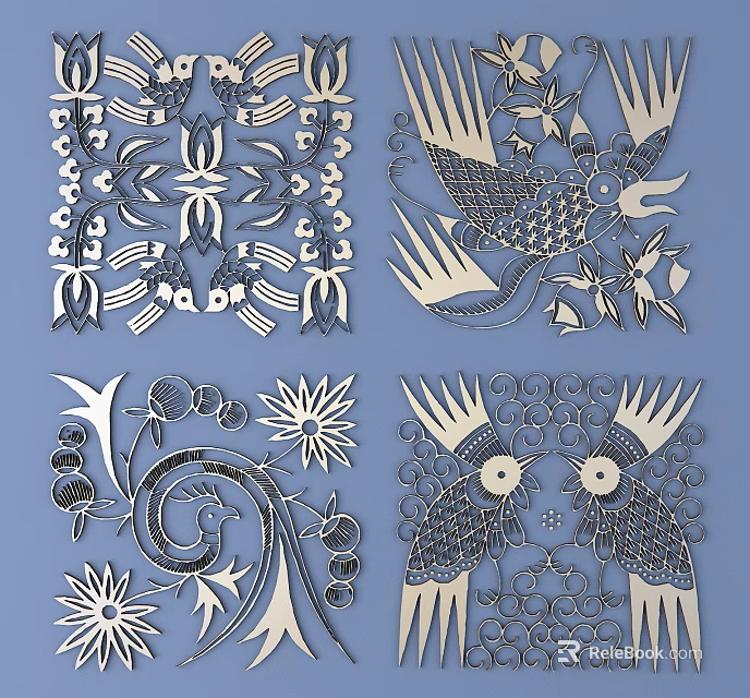 Intricate Decorative Carvings With Avian Floral And Geometric Patterns For Artistic Design 3d model 