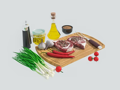 Fresh Steak On Wooden Cutting Board With Olive Oil Garlic And Fresh Vegetables 3d model