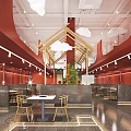 Modern Hotpot Restaurant Interior With Red Decor Wooden Structures And Seating