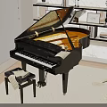 Elegant Black Grand Piano Interior With Piano Bench And Sheet Music On Wooden Floor