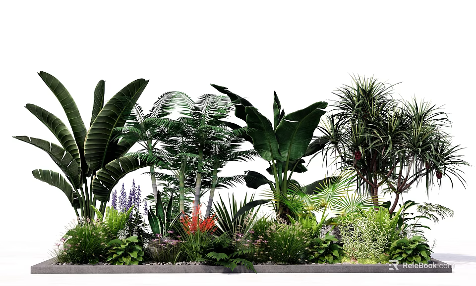 Diverse Garden Flowers and Plants With Large Leaves Purple Blooms and Greenery 3d model 
