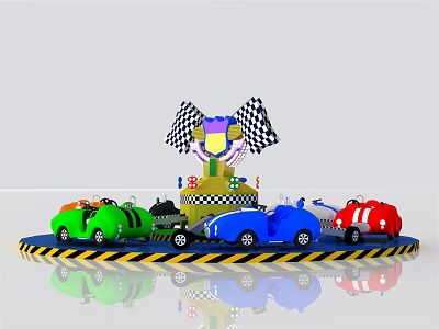 Colorful Kids Amusement Rotating Ride With Multiple Cars Checkered Flags And Striped Base 3d model