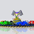 Colorful Kids Amusement Rotating Ride With Multiple Cars Checkered Flags And Striped Base