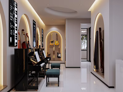 School Music Corridor With Piano Guitars Music Sheets And Modern Lighting Design 3d model
