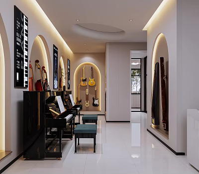 School Music Corridor With Piano Guitars Music Sheets And Modern Lighting Design 3d model