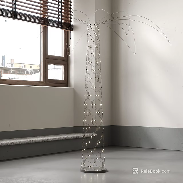 Modern Floor Lamp Near Window With String Lights And White Wall Gray Floor 3d model 