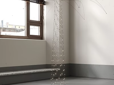 Modern Floor Lamp Near Window With String Lights And White Wall Gray Floor 3d model