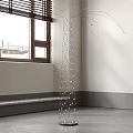 Modern Floor Lamp Near Window With String Lights And White Wall Gray Floor