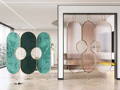 Modern Room Divider Design With Green Pink Panels And Circular Cutouts For Living Space 3d model