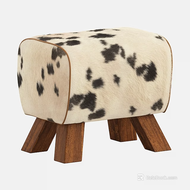 Cow Print Stool with Cream Black Fur and Walnut Wooden Legs 3d model 
