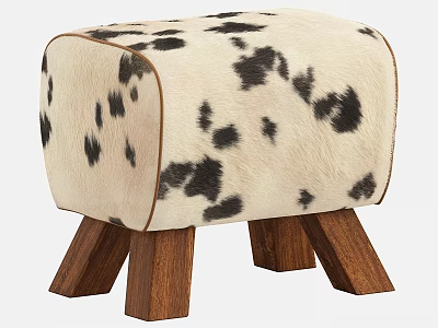 Cow Print Stool with Cream Black Fur and Walnut Wooden Legs 3d model