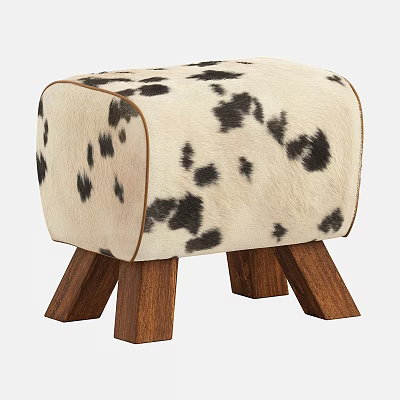 Cow Print Stool with Cream Black Fur and Walnut Wooden Legs 3d model