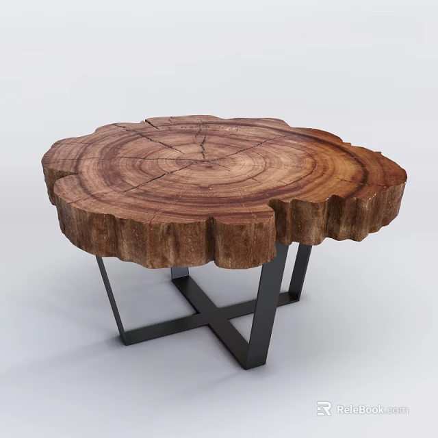 Natural Wood Slice Coffee Table with Black Metal Cross Legs and Visible Growth Rings Design 3d model 