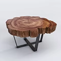 Natural Wood Slice Coffee Table with Black Metal Cross Legs and Visible Growth Rings Design