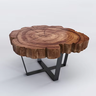 Natural Wood Slice Coffee Table with Black Metal Cross Legs and Visible Growth Rings Design 3d model