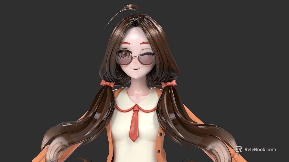 Cartoon Woman With Glasses Double Ponytails Pink Bows White Top Orange Coat And Red Necktie 3d model 