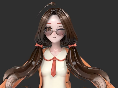 Cartoon Woman With Glasses Double Ponytails Pink Bows White Top Orange Coat And Red Necktie 3d model