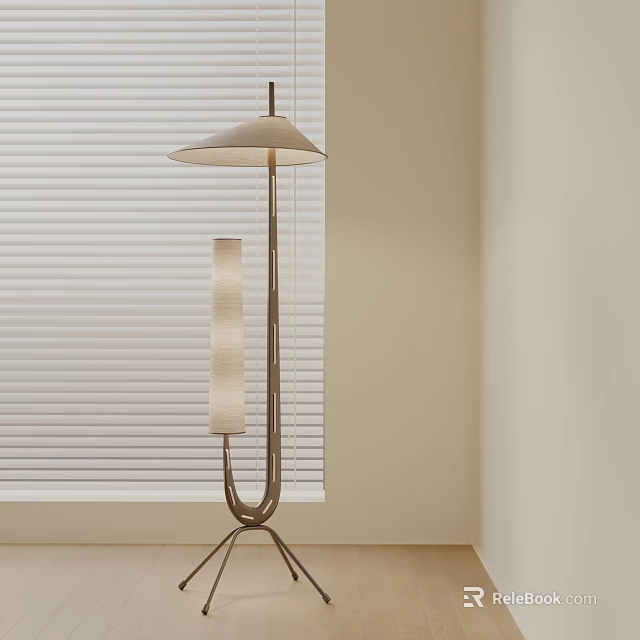 Modern Floor Lamp With Fabric Shade And Metal Base By Window With Blinds 3d model 