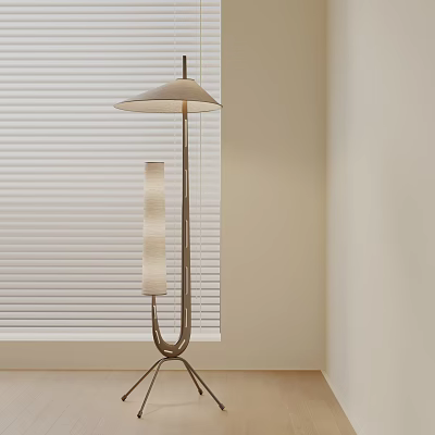 Modern Floor Lamp With Fabric Shade And Metal Base By Window With Blinds 3d model