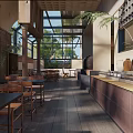 Warm Restaurant Interior With Wooden Door Tiger Painting And Potted Plant