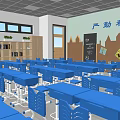 School Classroom Interior With Blue Desks Chairs Wall Slogan Decorations Grid Ceiling And Windows 3d model