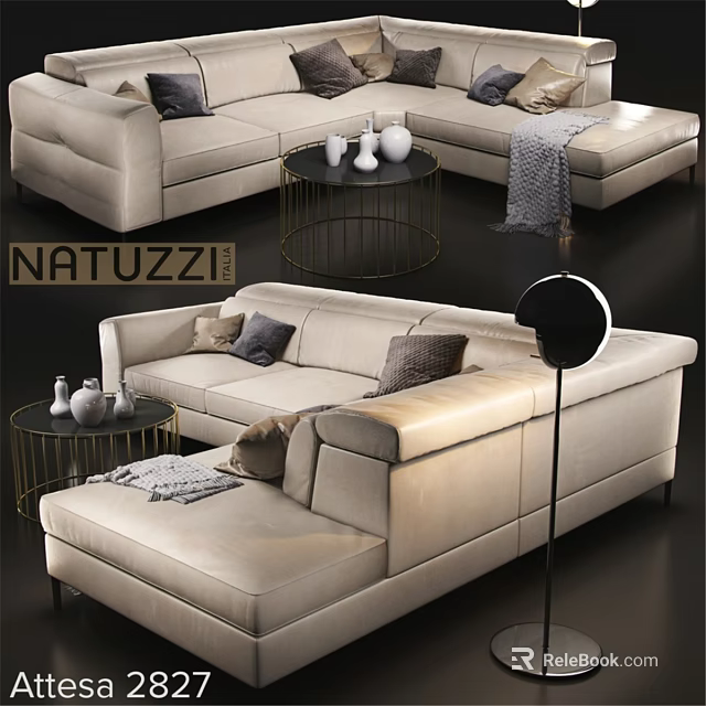 NATUZZI Beige Double Sofa With Pillows Round Coffee Table And Floor Lamp 3d model 