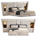 Elegant Upholstered Double Bed With Gray Black Headboard Metal Accents And Soft Pillows