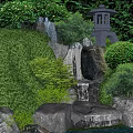 Serene Garden Ornament With Waterfall Rocks Lush Green Plants And Stone Lantern