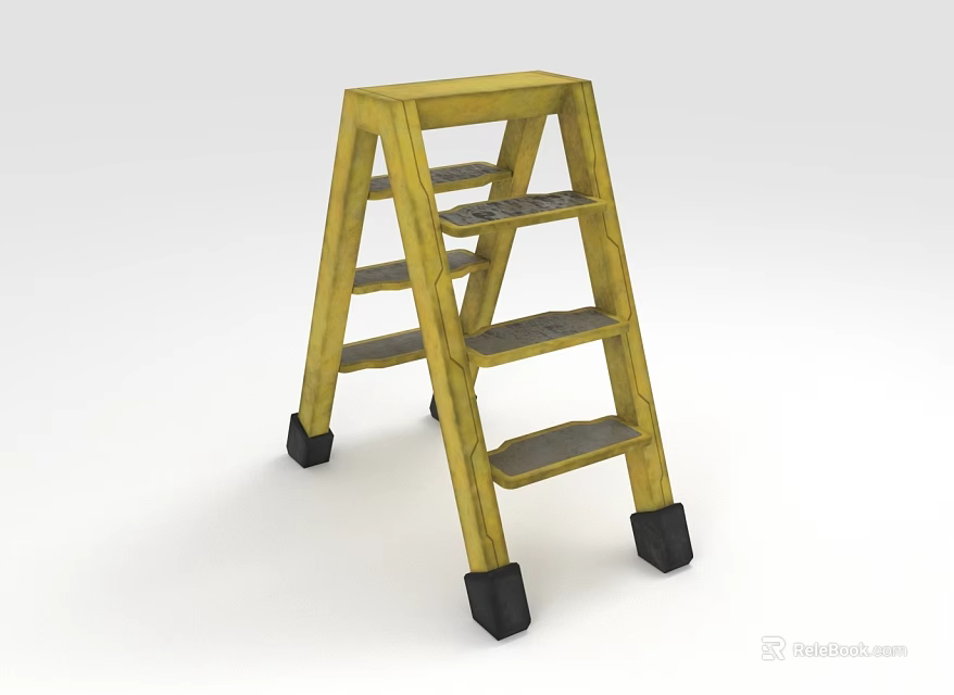 Yellow Wooden Step Ladder With Four Steps And Black Non Slip Feet 3d model 