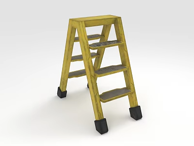 Yellow Wooden Step Ladder With Four Steps And Black Non Slip Feet 3d model