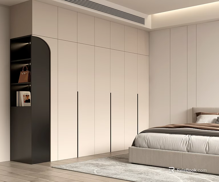 Modern Light-colored Wardrobe Bedroom Interior With Long Handles And Black Display Cabinet 3d model 