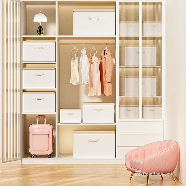 Organized White Wardrobe Interior With Storage Boxes Hanging Clothes And Pink Luggage 3d model 