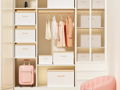 Organized White Wardrobe Interior With Storage Boxes Hanging Clothes And Pink Luggage 3d model