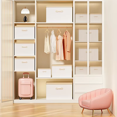 Organized White Wardrobe Interior With Storage Boxes Hanging Clothes And Pink Luggage 3d model