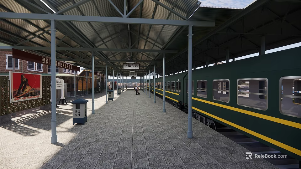 Train Station Platform With Covered Roof Green Train And Tiled Floor 3d model 