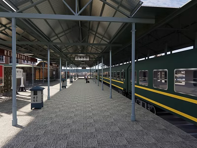 Train Station Platform With Covered Roof Green Train And Tiled Floor 3d model