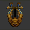 Decorative Orange Lyre Ornament With Blue Yellow Accents And Carved Face Design