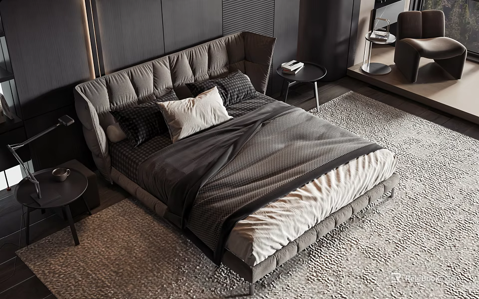 Modern Double Bed With Upholstered Headboard Pillows Gray Bedspread Dark Nightstands And Area Rug 3d model 