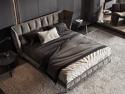Modern Double Bed With Upholstered Headboard Pillows Gray Bedspread Dark Nightstands And Area Rug 3d model