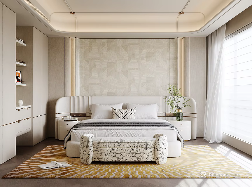 Elegant Modern Bedroom Interior With Geometric Pattern Wallpaper Upholstered Headboard And Bench 3d model 