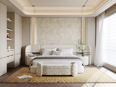 Elegant Modern Bedroom Interior With Geometric Pattern Wallpaper Upholstered Headboard And Bench 3d model