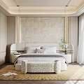 Elegant Modern Bedroom Interior With Geometric Pattern Wallpaper Upholstered Headboard And Bench